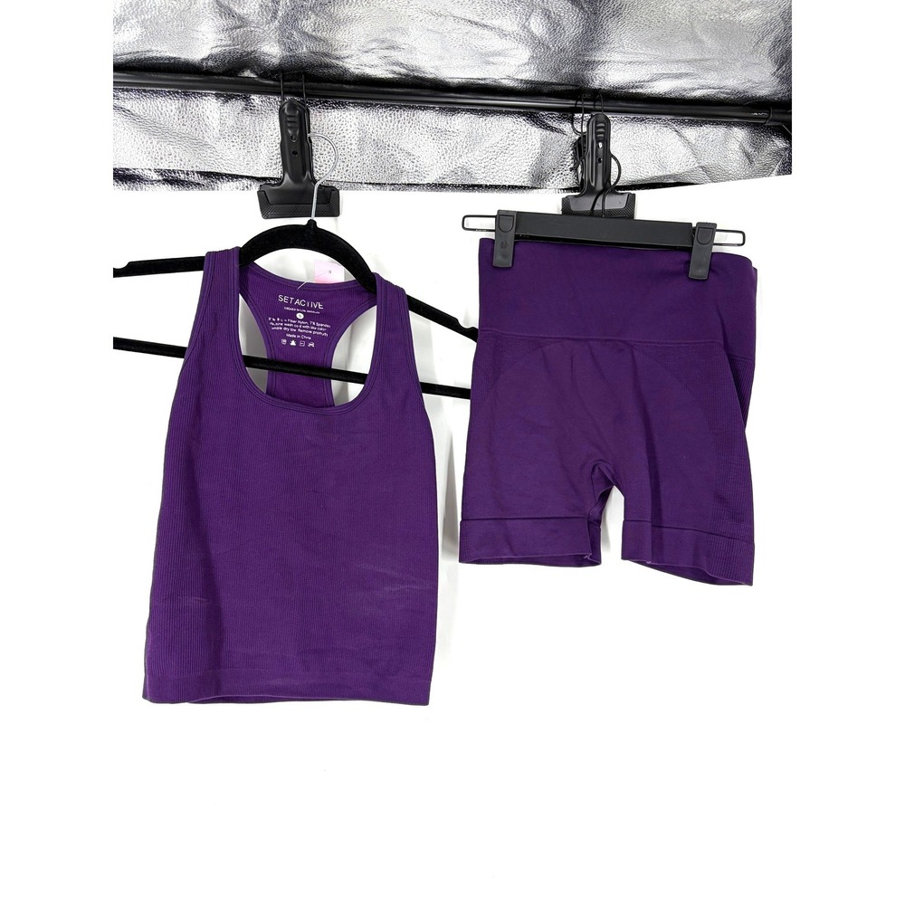 SET ACTIVE Women Purple Ribbed Seamless Tank Top and Biker Shorts Set Size Small